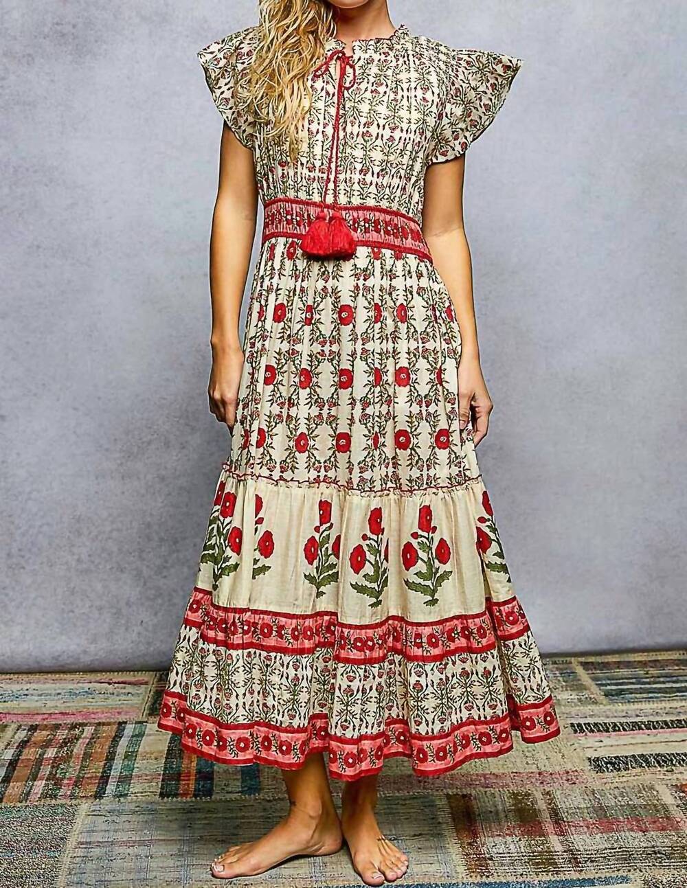 NEW POL lightweight floral ruffle sleeve tassel tie maxi dress in multicolor